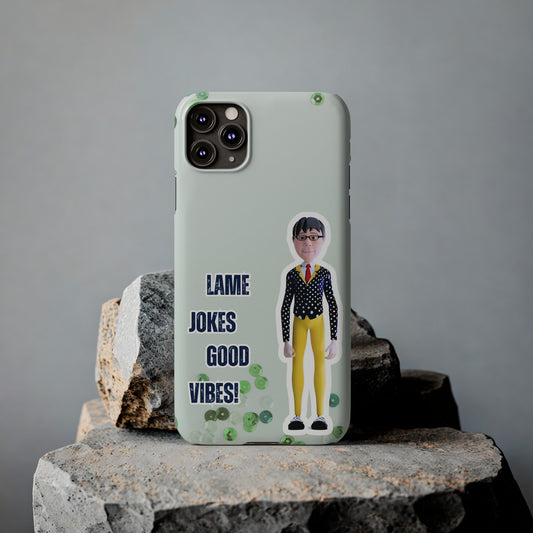 Bring a Giggle to Your Day with Our Laugh Out Loud Funny Character Slim Phone Case! Mint Green Background.